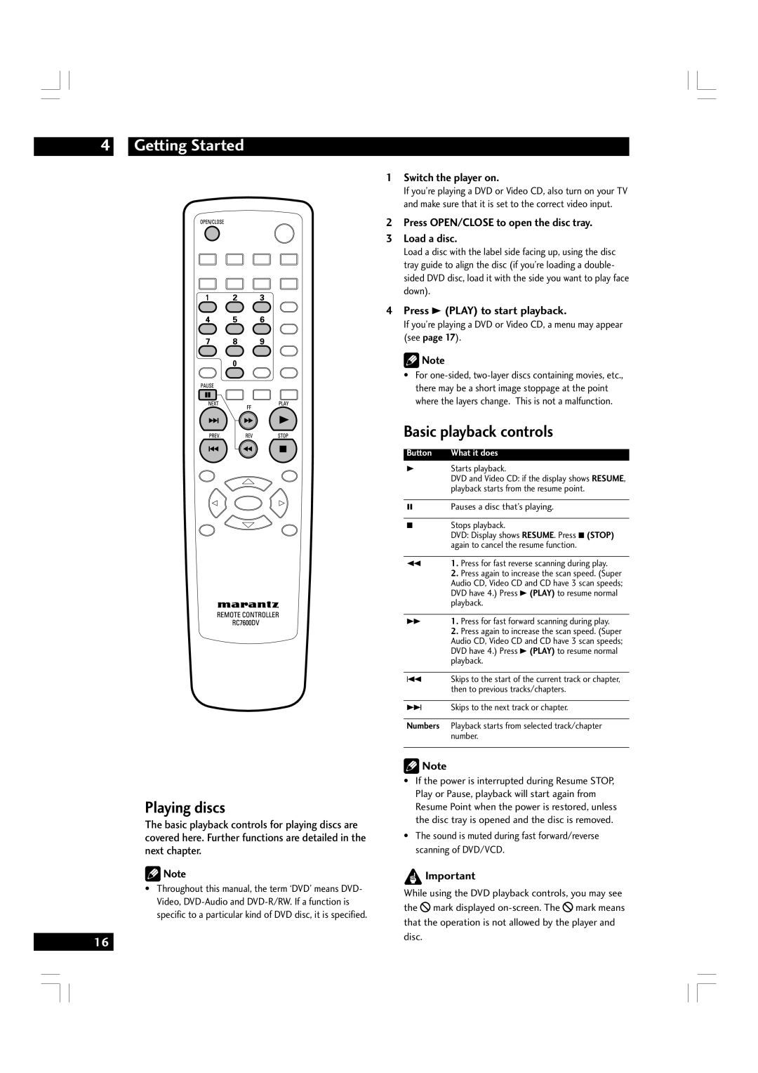 Marantz DV7600 manual Getting Started, Basic playback controls, Playing discs 