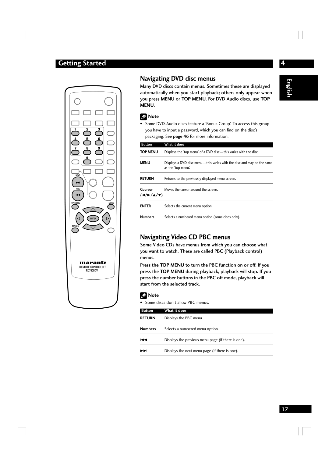 Marantz DV7600 manual Navigating DVD disc menus, Navigating Video CD PBC menus, Some discs don’t allow PBC menus 