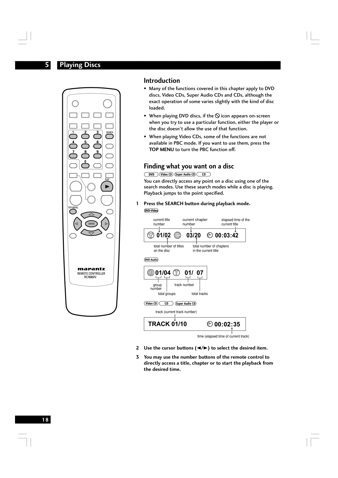 Marantz DV7600 Playing Discs, Introduction, Finding what you want on a disc, Press the Search button during playback mode 