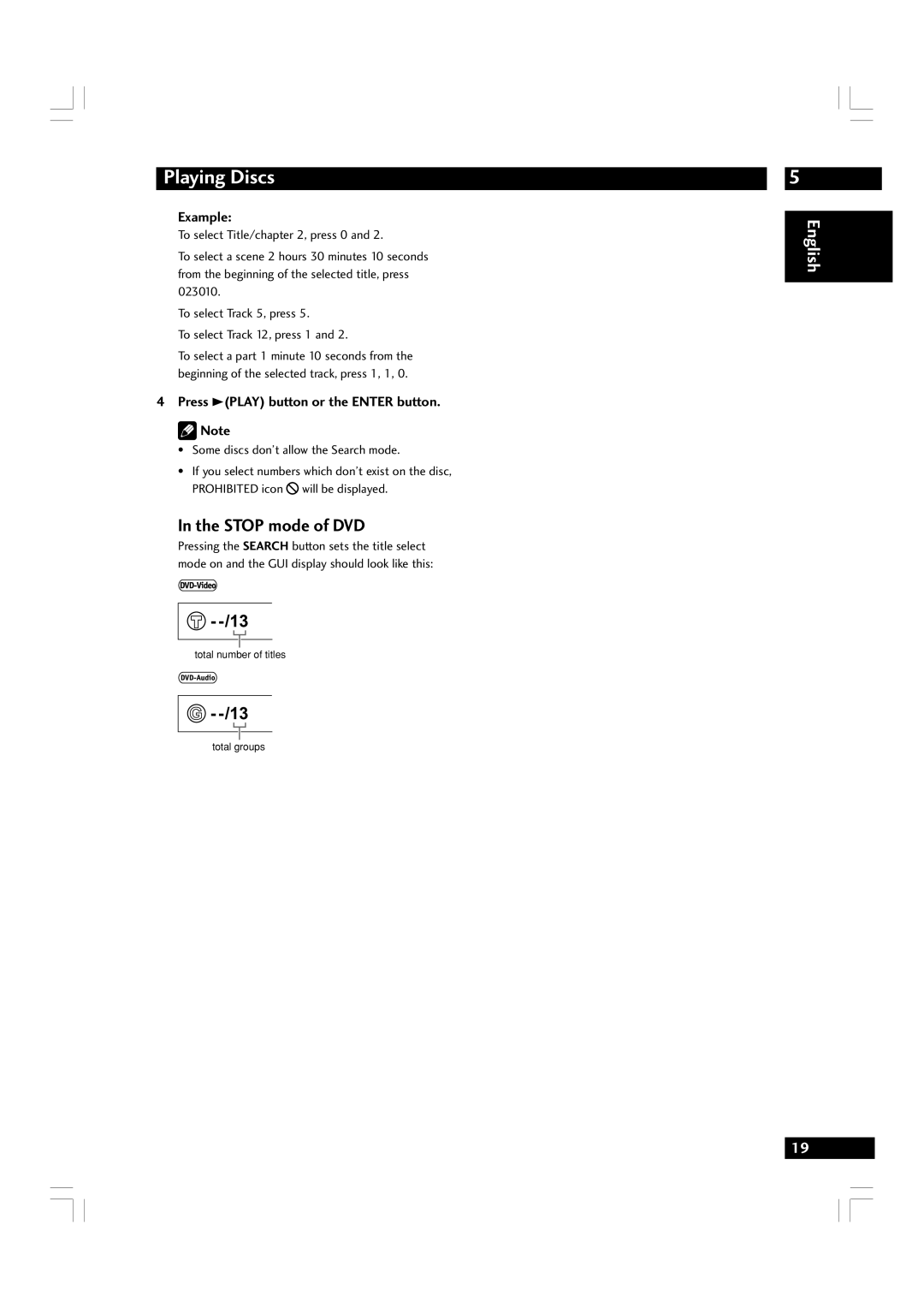 Marantz DV7600 manual Stop mode of DVD, Example, Press 3PLAY button or the Enter button. Note 