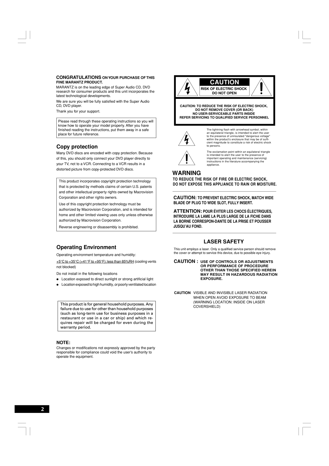 Marantz DV7600 manual Laser Safety 