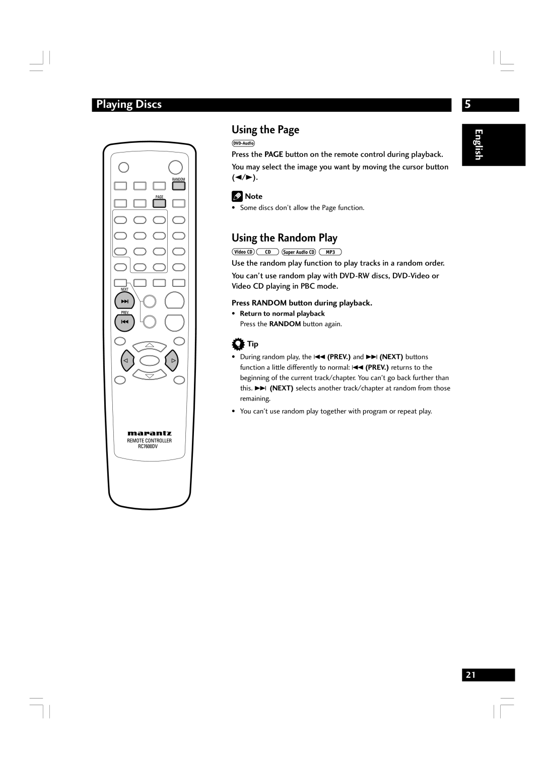 Marantz DV7600 manual Using the Random Play, Press Random button during playback, Tip, Return to normal playback 