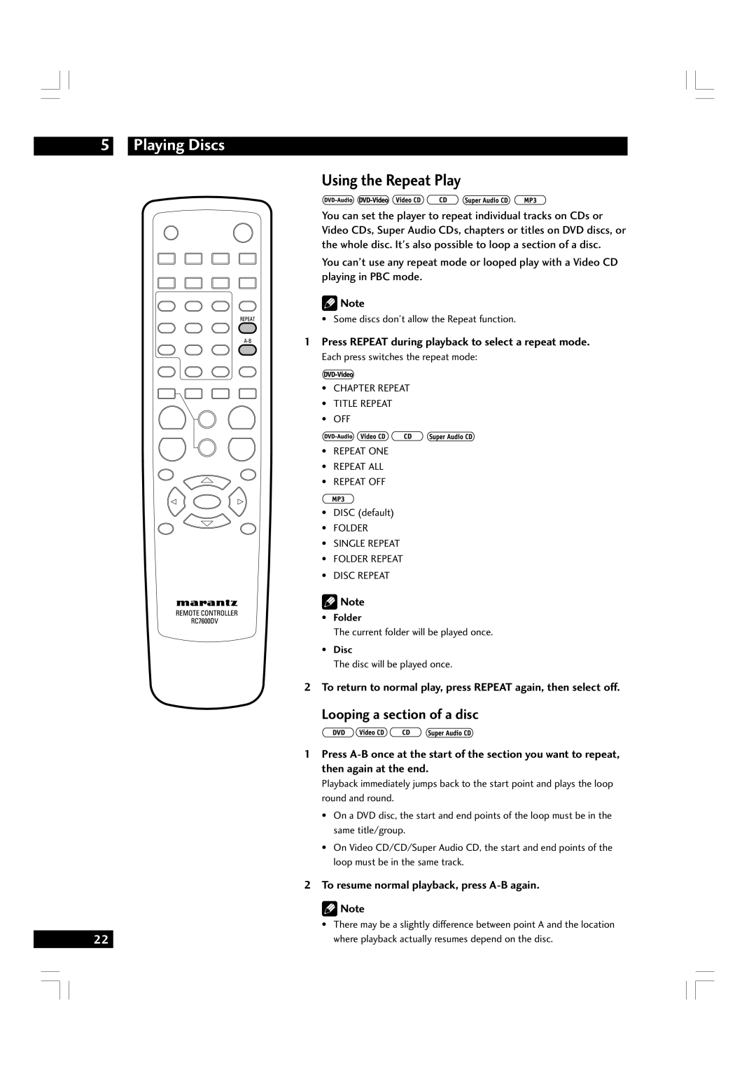 Marantz DV7600 Using the Repeat Play, Looping a section of a disc, Press Repeat during playback to select a repeat mode 