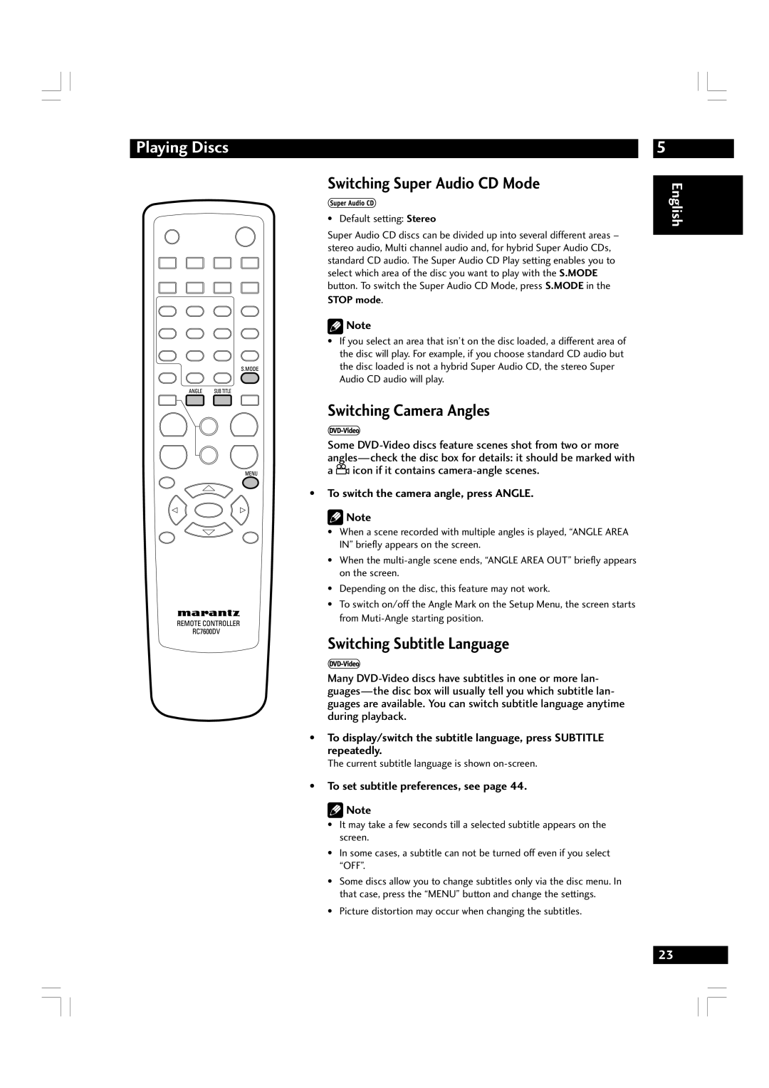 Marantz DV7600 manual Switching Super Audio CD Mode, Switching Camera Angles, Switching Subtitle Language 