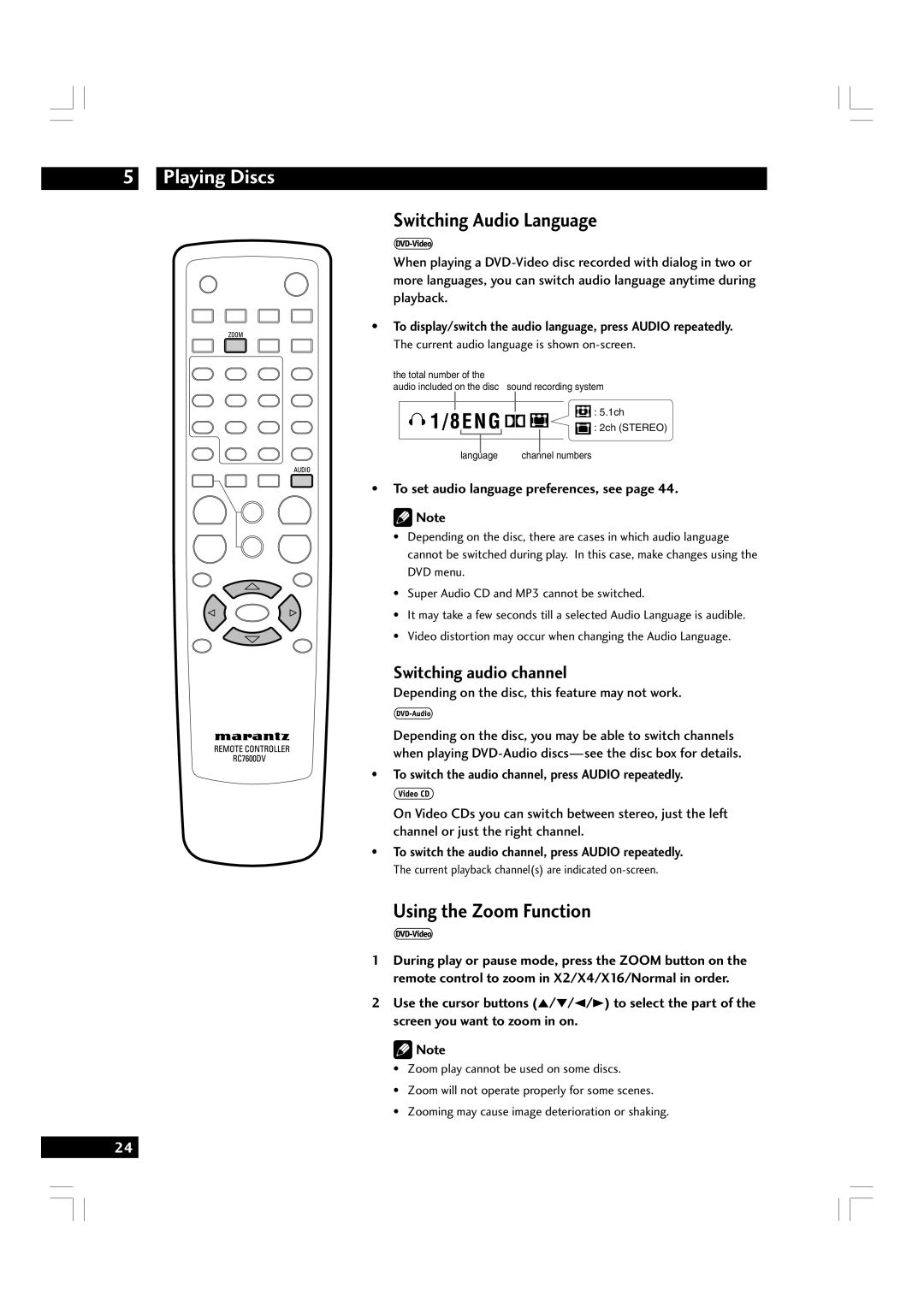 Marantz DV7600 manual Switching Audio Language, Using the Zoom Function, Switching audio channel 