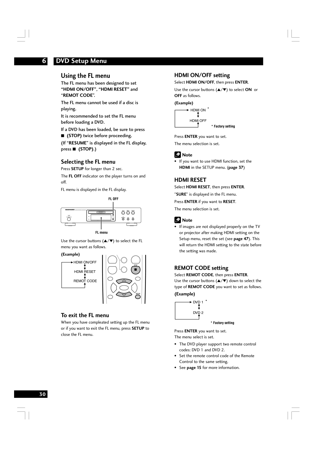 Marantz DV7600 manual DVD Setup Menu, Using the FL menu 