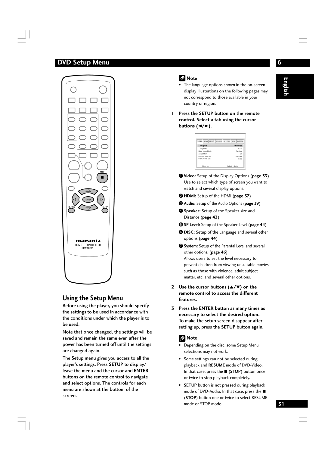 Marantz DV7600 manual Using the Setup Menu, Mode or Stop mode 