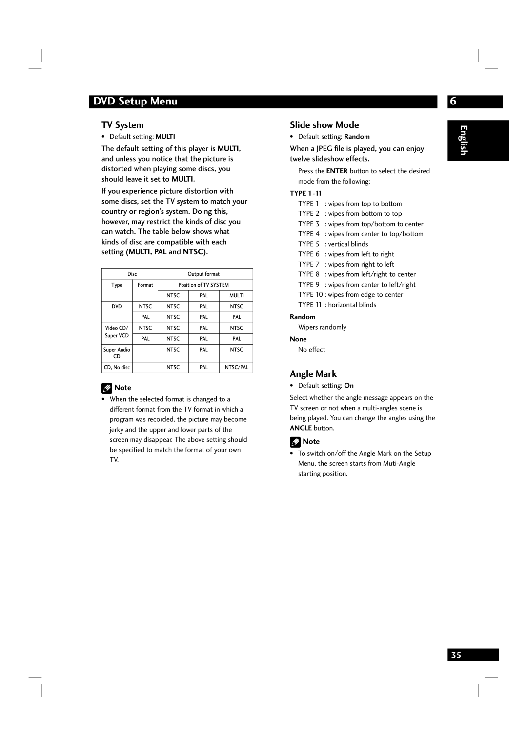 Marantz DV7600 manual TV System, Slide show Mode, Angle Mark 