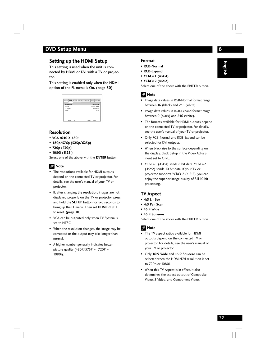 Marantz DV7600 manual Setting up the Hdmi Setup, Resolution, Format 