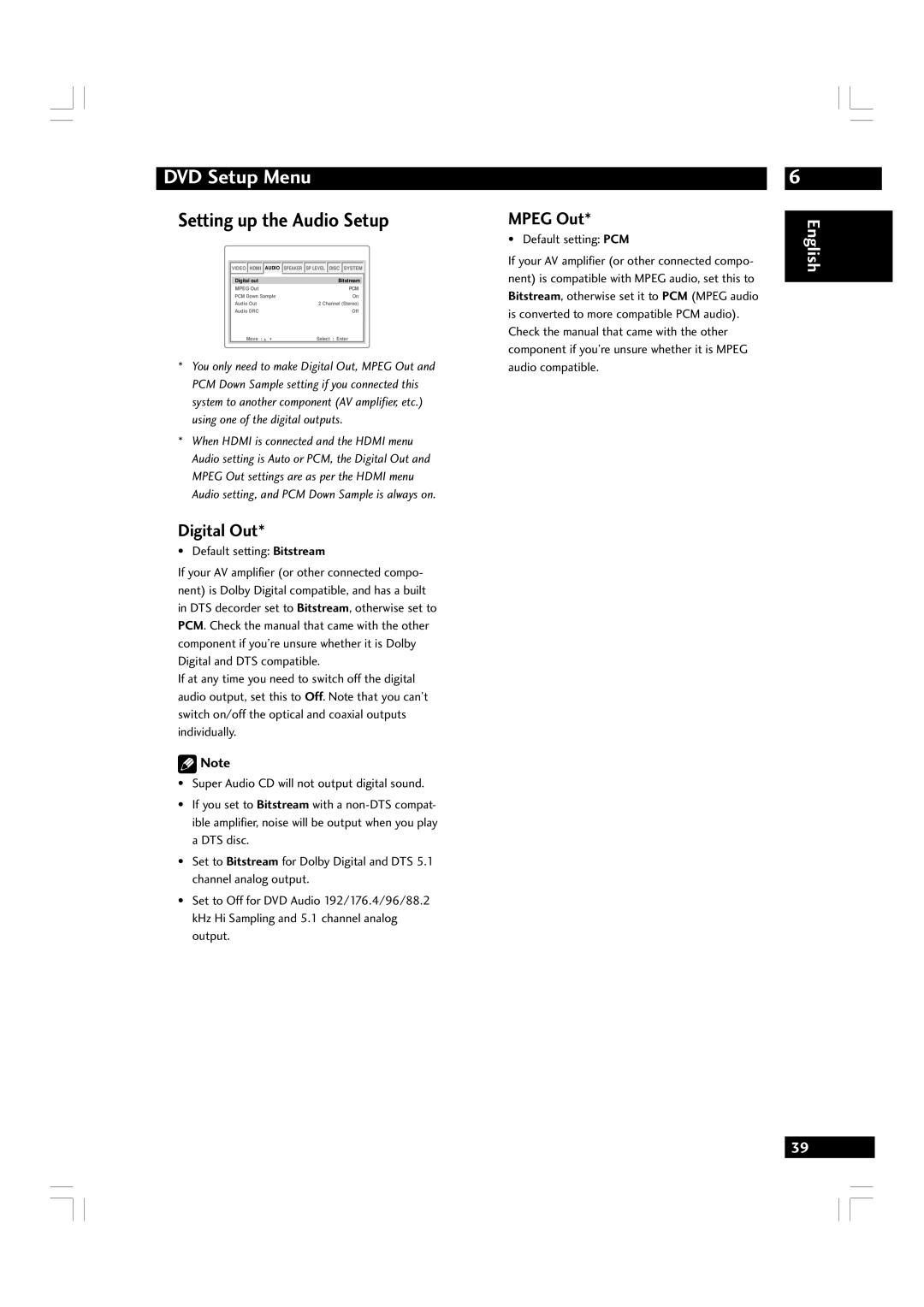 Marantz DV7600 manual Setting up the Audio Setup, Digital Out, Mpeg Out, Default setting PCM 