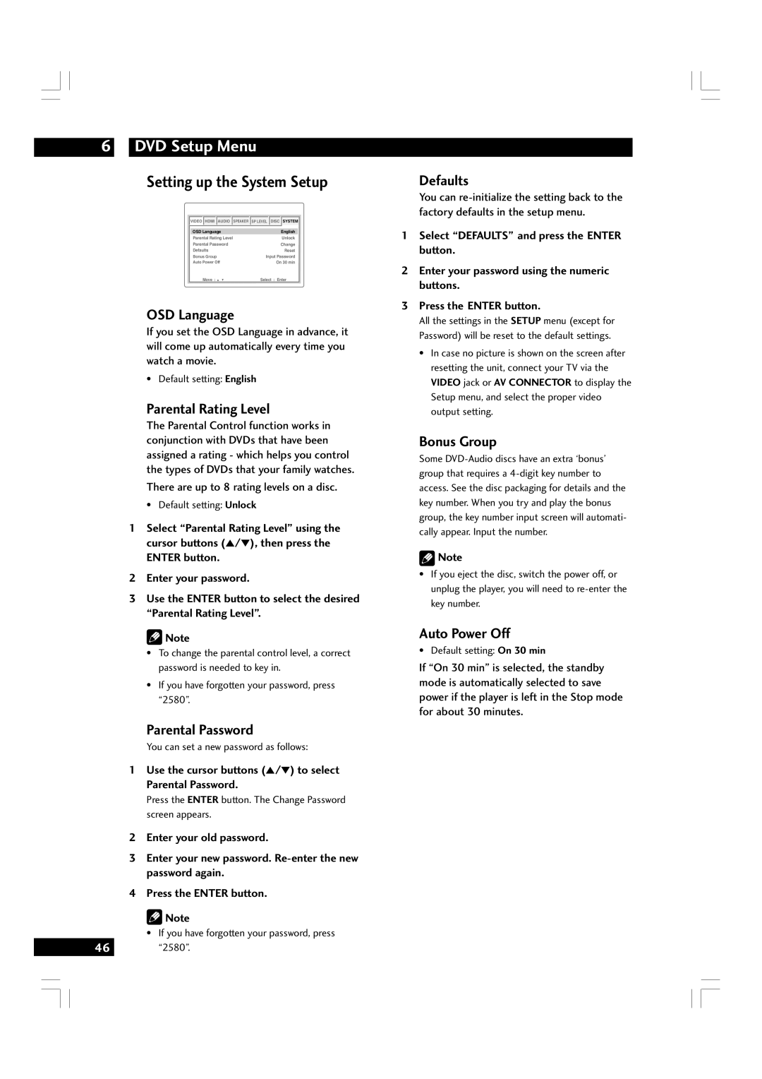 Marantz DV7600 manual Setting up the System Setup 