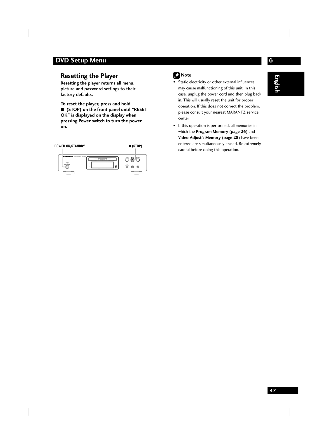 Marantz DV7600 manual Resetting the Player 