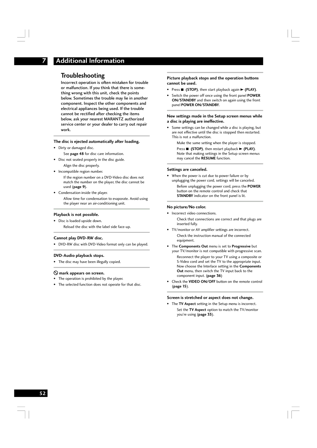 Marantz DV7600 manual Troubleshooting 