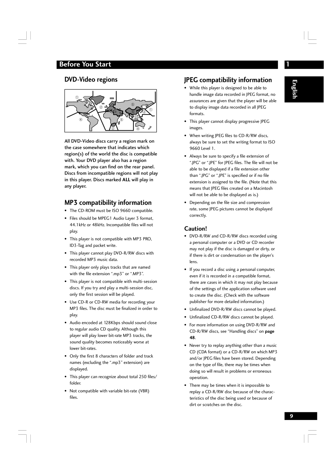 Marantz DV7600 manual DVD-Video regions, MP3 compatibility information 