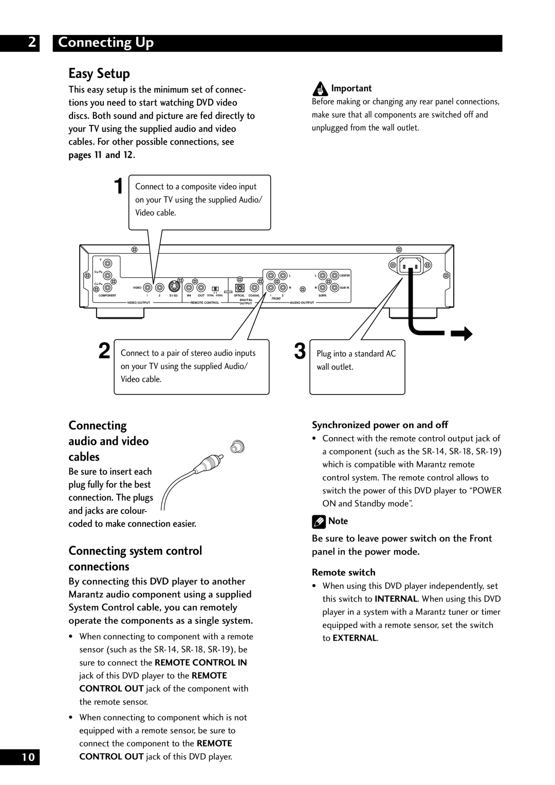 Marantz DV8300 manual Connecting Up, Easy Setup, Connecting audio and video cables, Connecting system control connections 