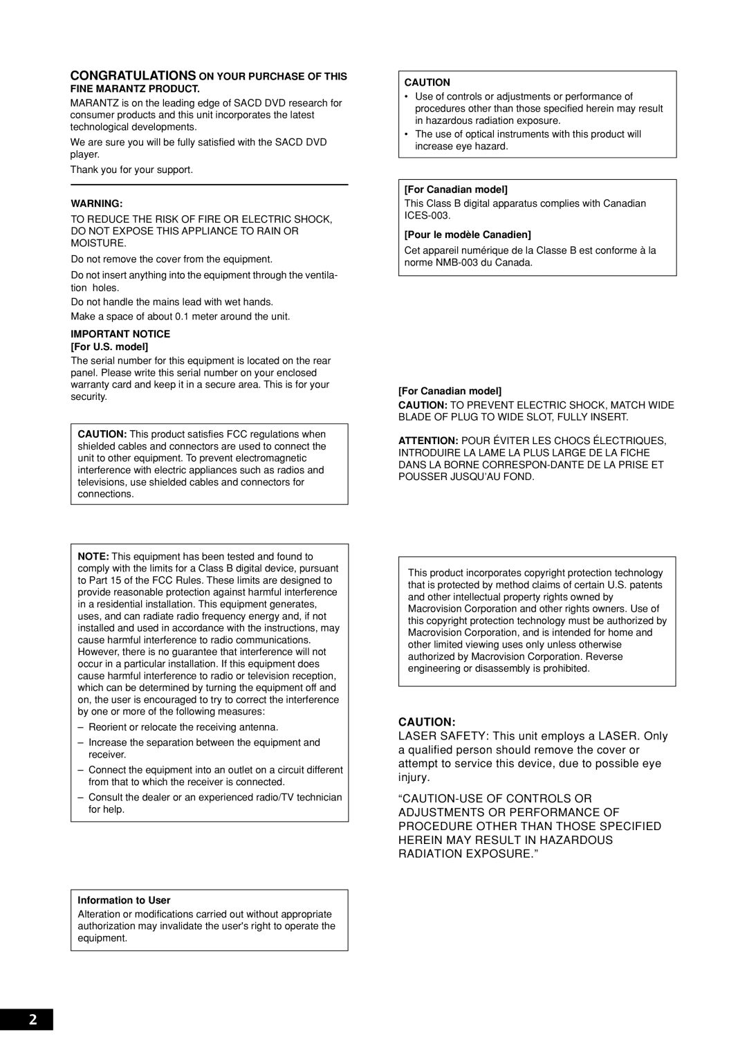 Marantz DV8300 manual For Canadian model 