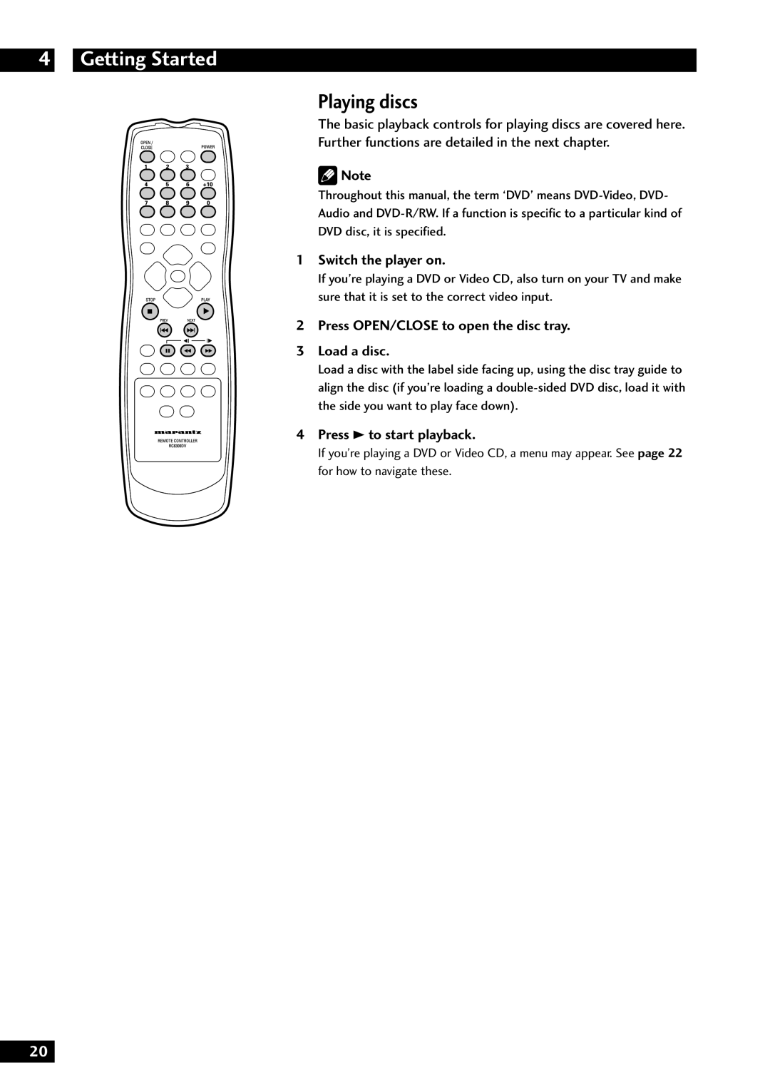 Marantz DV8300 manual Playing discs, Switch the player on, Press OPEN/CLOSE to open the disc tray Load a disc 