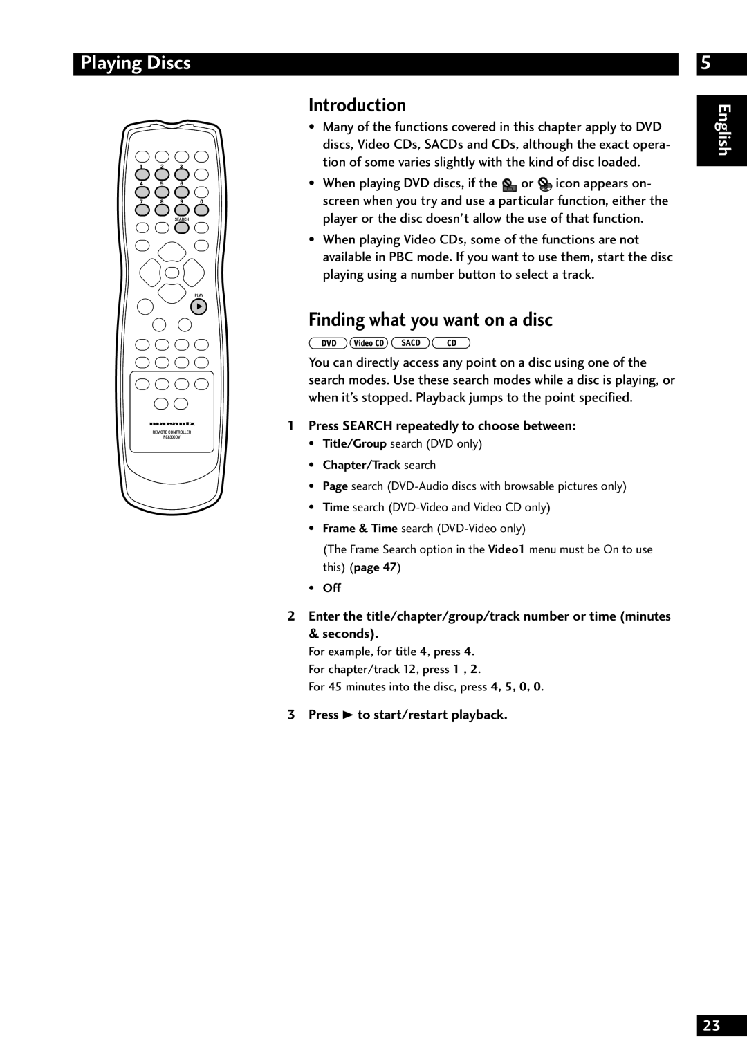 Marantz DV8300 Playing Discs, Introduction, Finding what you want on a disc, Press Search repeatedly to choose between 