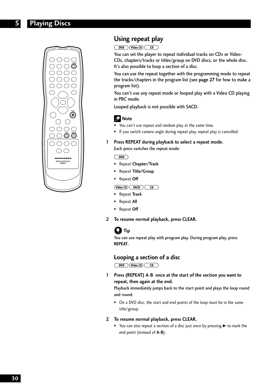 Marantz DV8300 manual Using repeat play, Looping a section of a disc, Press Repeat during playback to select a repeat mode 