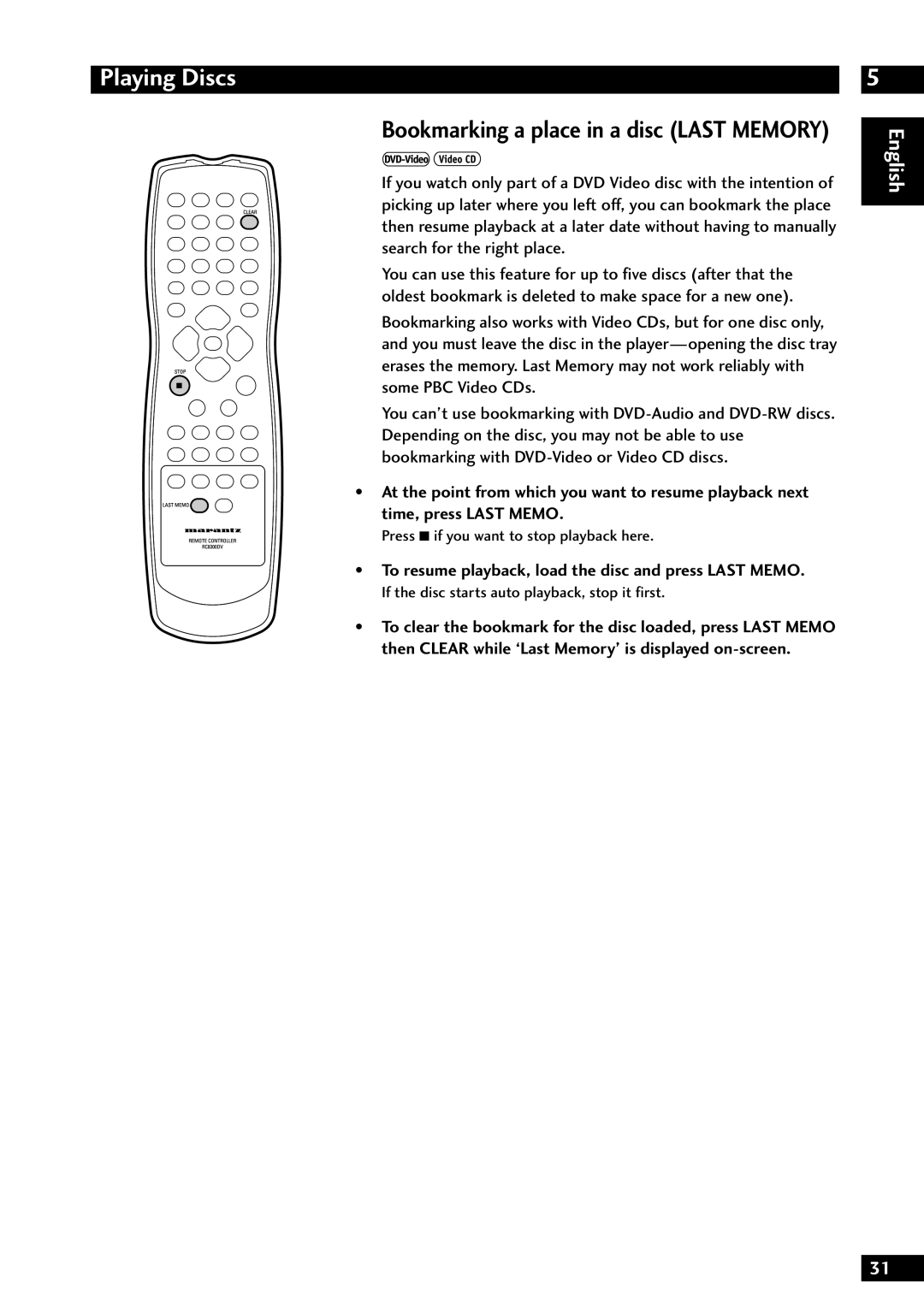 Marantz DV8300 manual To resume playback, load the disc and press Last Memo, Press 7 if you want to stop playback here 