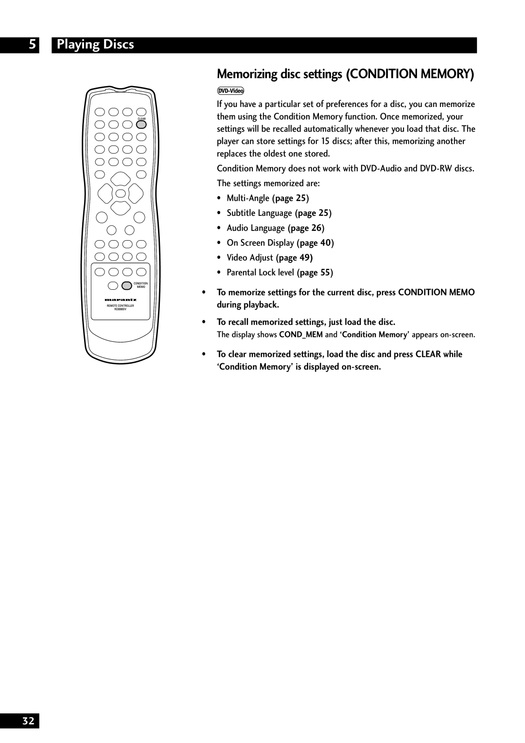 Marantz DV8300 manual Memorizing disc settings Condition Memory 