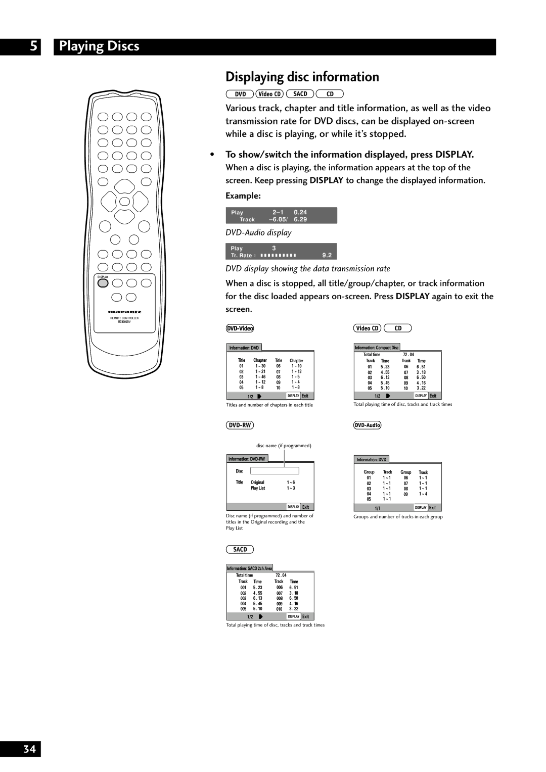 Marantz DV8300 manual Displaying disc information, To show/switch the information displayed, press Display 