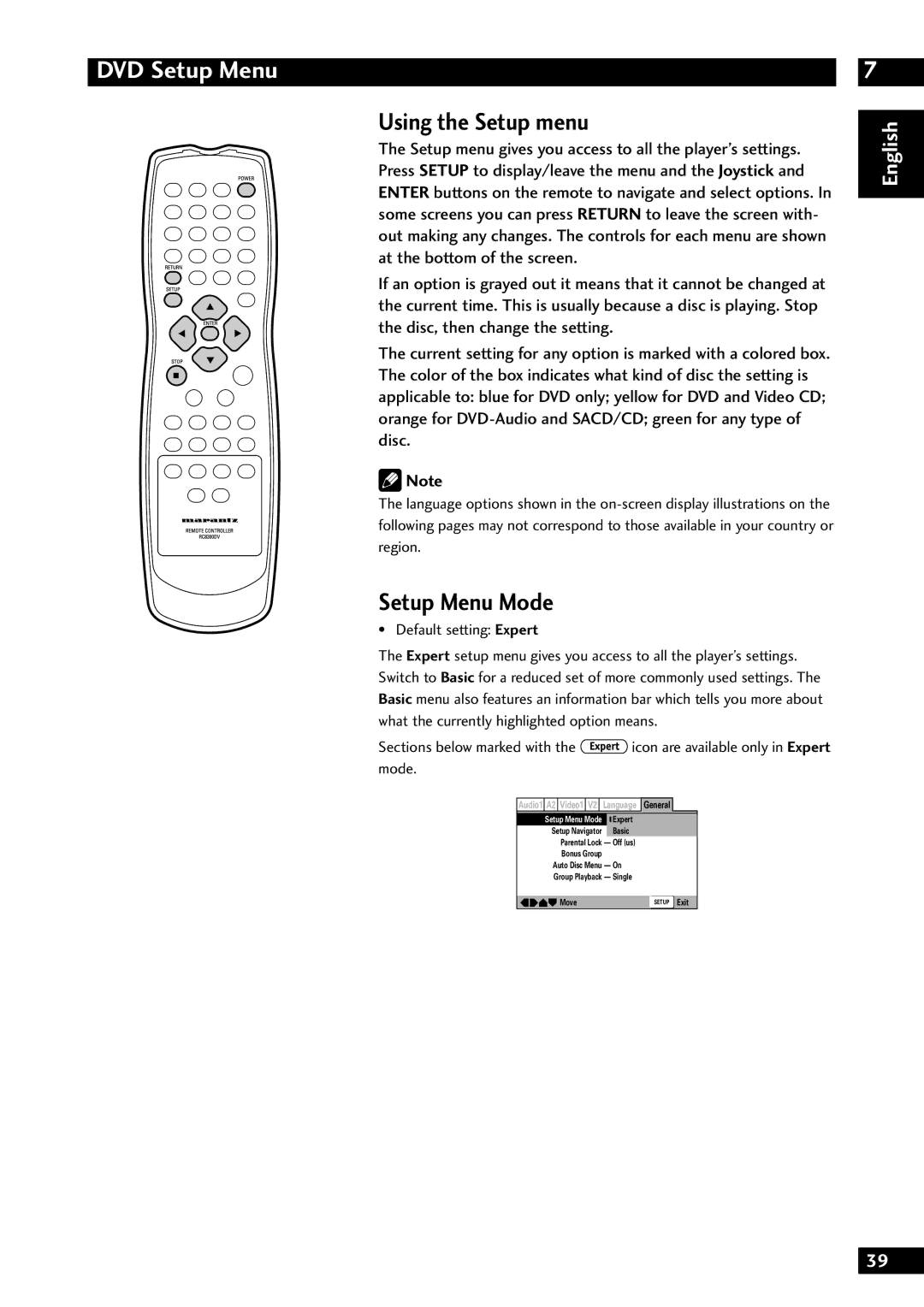 Marantz DV8300 manual DVD Setup Menu, Using the Setup menu, Setup Menu Mode, Default setting Expert 