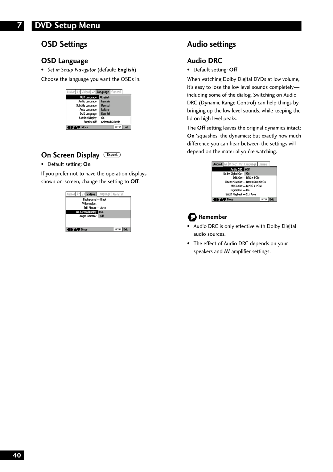 Marantz DV8300 manual OSD Settings, Audio settings, OSD Language, On Screen Display, Audio DRC 