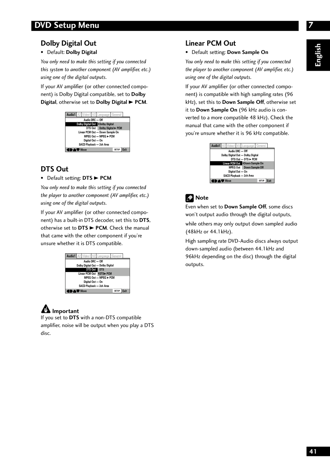 Marantz DV8300 manual Dolby Digital Out, DTS Out, Linear PCM Out, Default Dolby Digital 