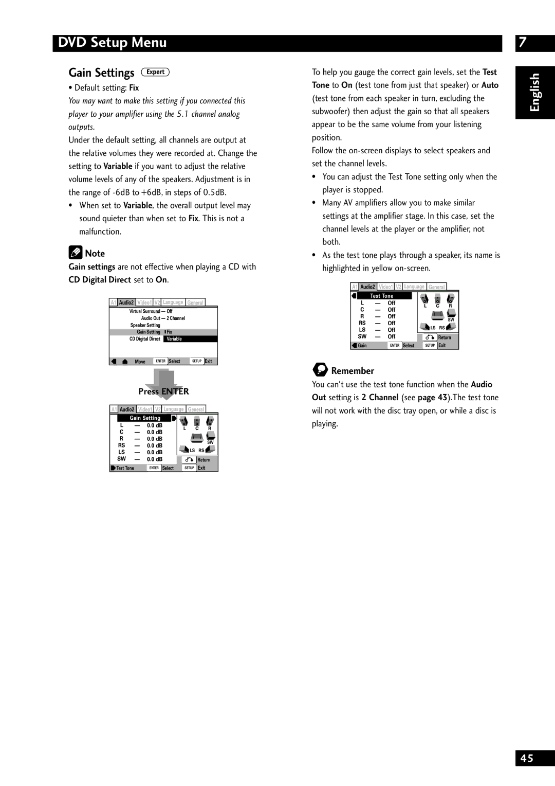 Marantz DV8300 manual Gain Settings, Default setting Fix 