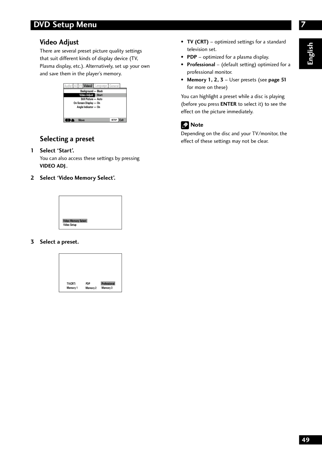 Marantz DV8300 manual Selecting a preset, Select ‘Video Memory Select’, Select a preset 