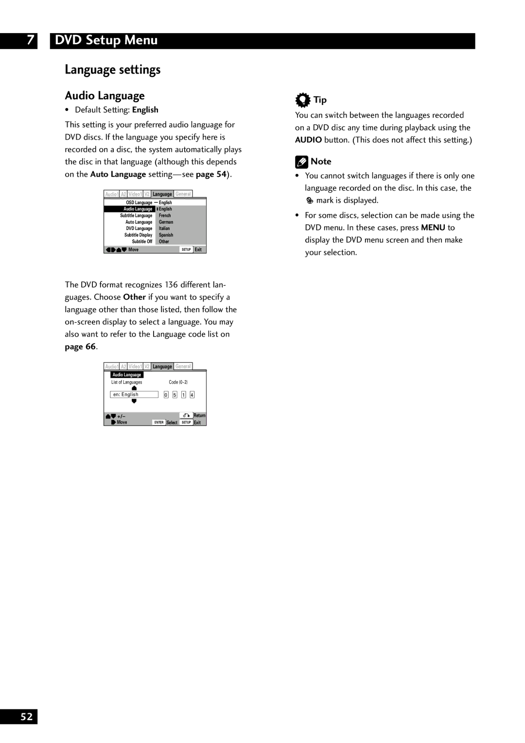 Marantz DV8300 manual Language settings, Audio Language, Default Setting English 