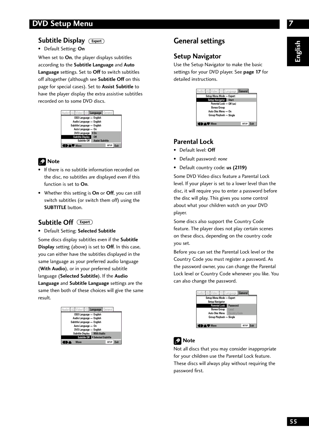 Marantz DV8300 manual General settings, Subtitle Display, Subtitle Off, Setup Navigator, Parental Lock 