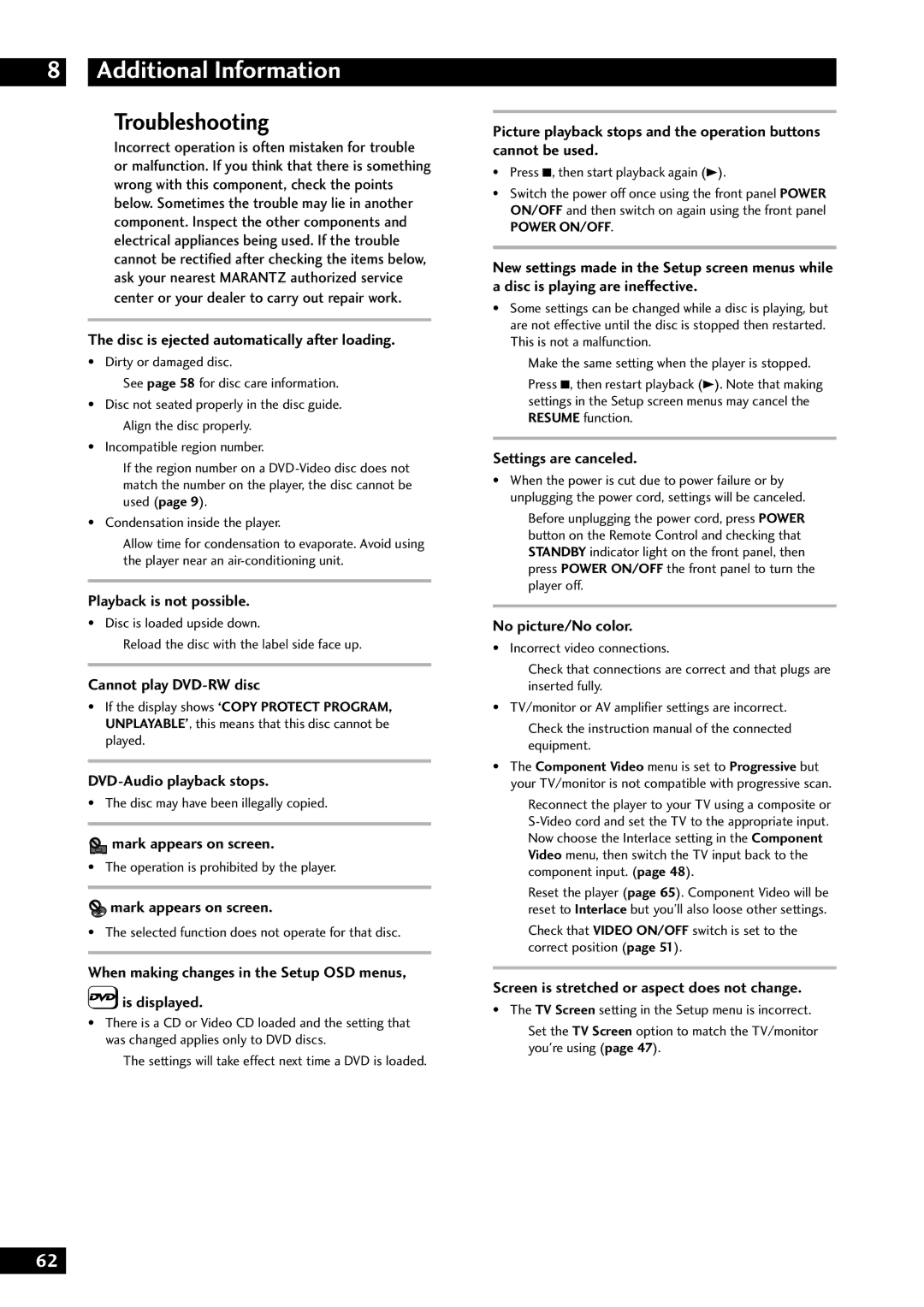 Marantz DV8300 manual Troubleshooting 