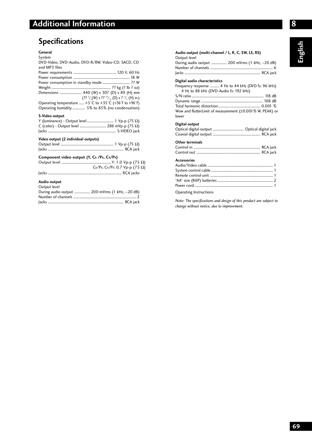 Marantz DV8300 manual Specifications, General 