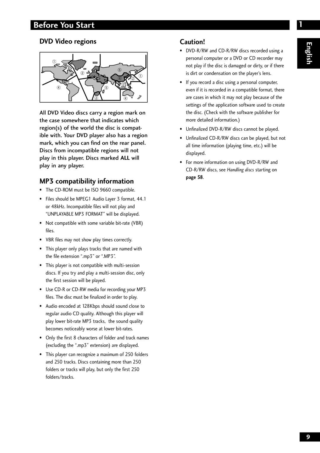 Marantz DV8300 manual DVD Video regions, MP3 compatibility information, CD-ROM must be ISO 9660 compatible 