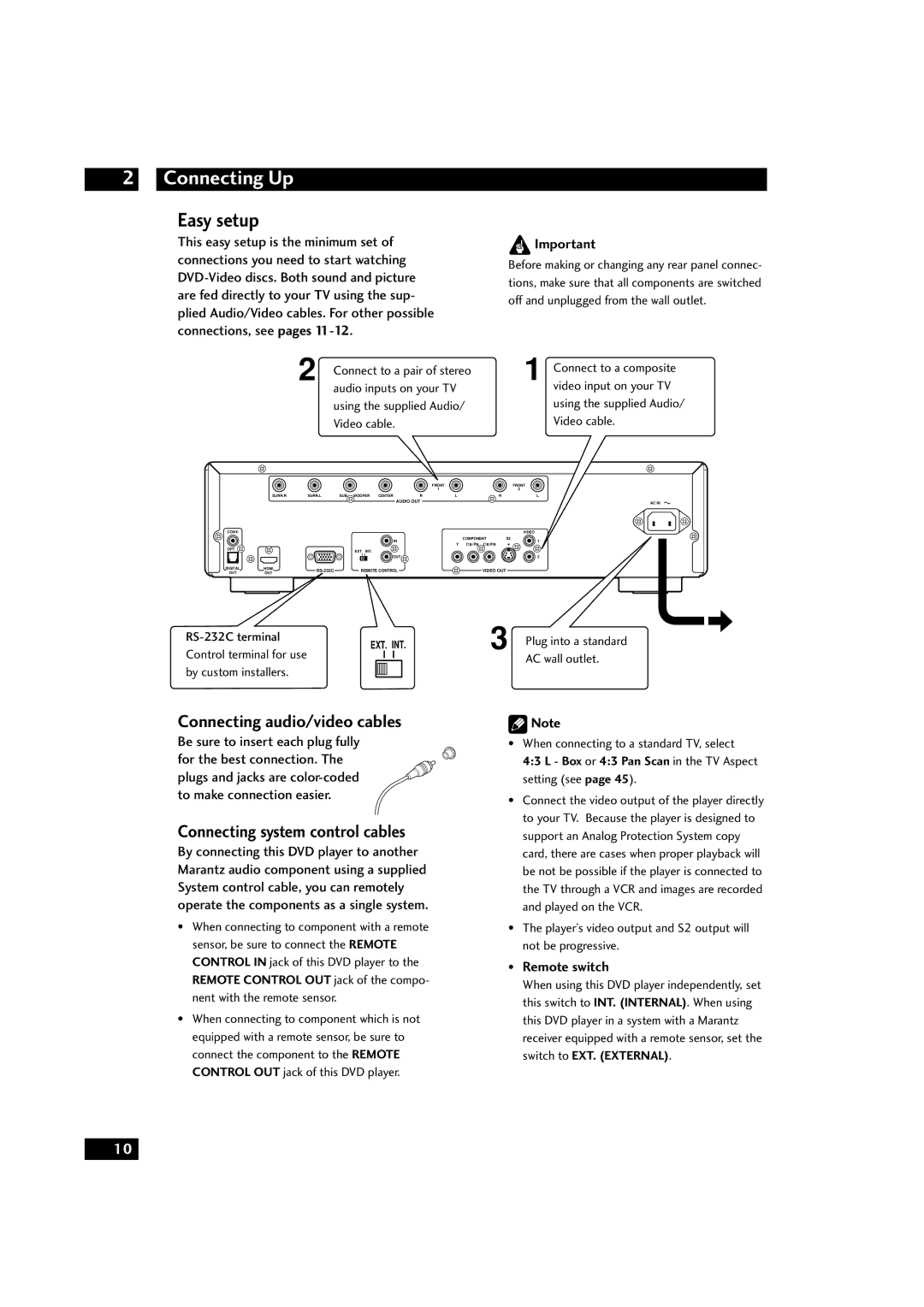 Marantz DV9500 Connecting Up, Easy setup, Connecting audio/video cables, Connecting system control cables, Remote switch 