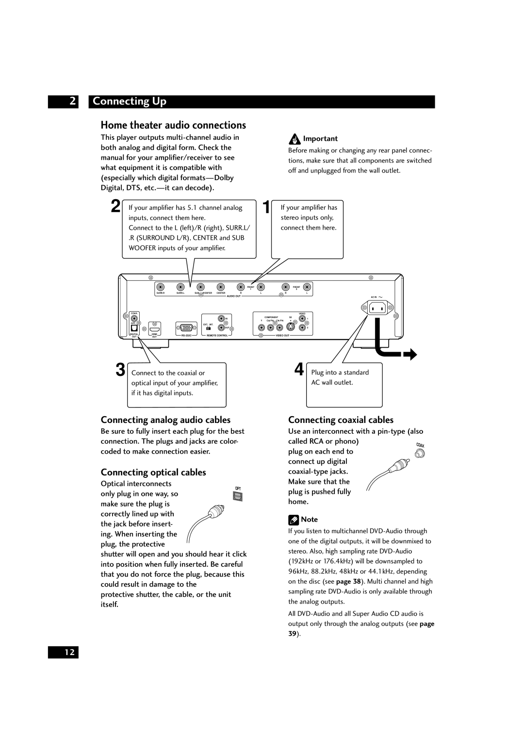 Marantz DV9500 manual Home theater audio connections, Connecting analog audio cables, Connecting optical cables 