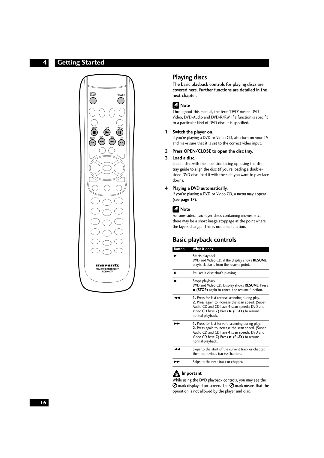 Marantz DV9500 manual Getting Started, Playing discs, Basic playback controls 