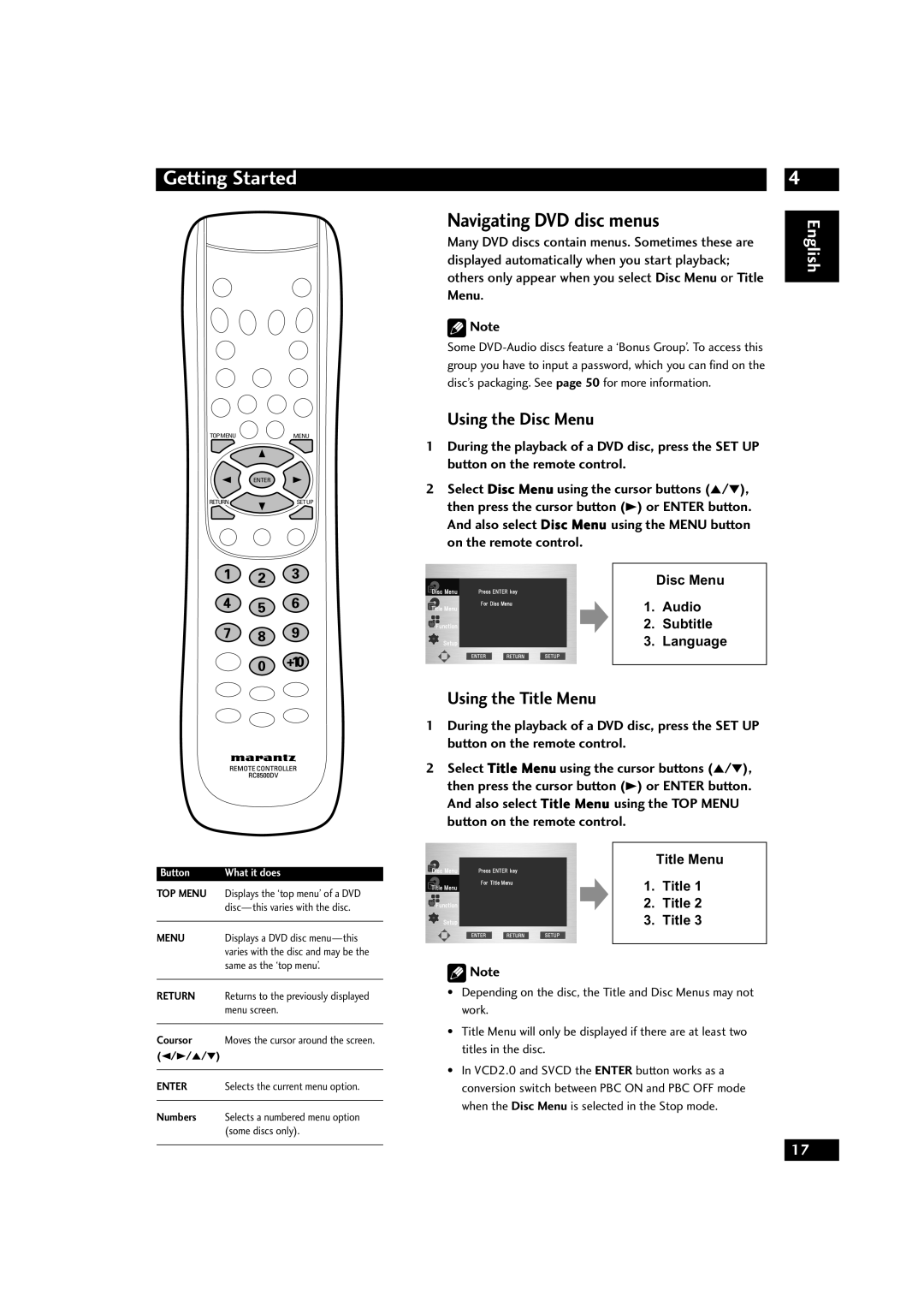 Marantz DV9500 manual Navigating DVD disc menus, Using the Disc Menu, Using the Title Menu 