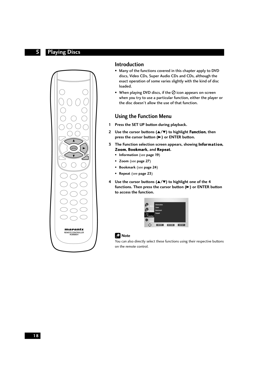 Marantz DV9500 Playing Discs, Introduction, Using the Function Menu, Information see Zoom see Bookmark see Repeat see 