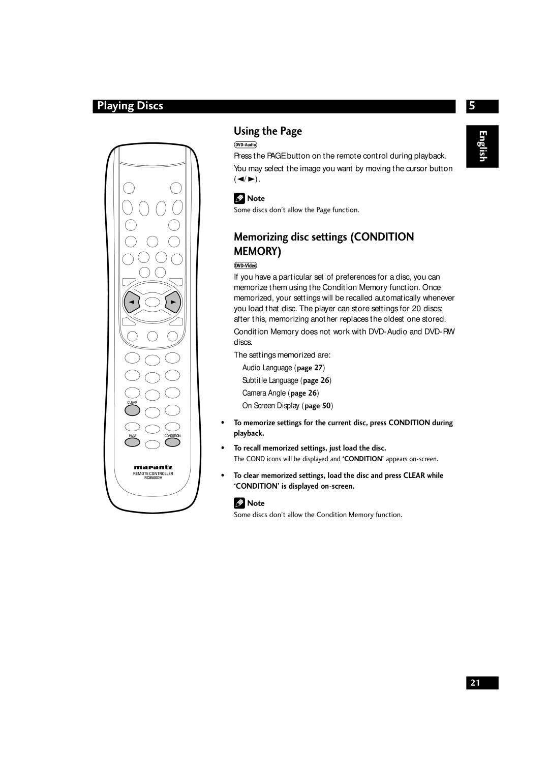 Marantz DV9500 manual Using, Memorizing disc settings Condition Memory, Some discs don’t allow the Page function 