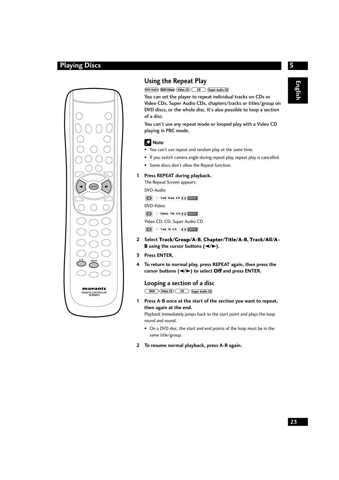 Marantz DV9500 manual Using the Repeat Play, Looping a section of a disc, Press Repeat during playback 