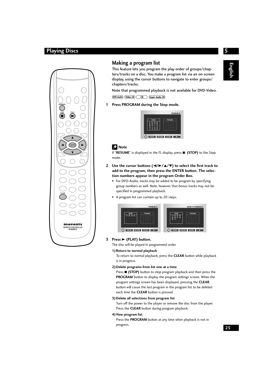 Marantz DV9500 manual Making a program list, Press Program during the Stop mode, Press 3 Play button 