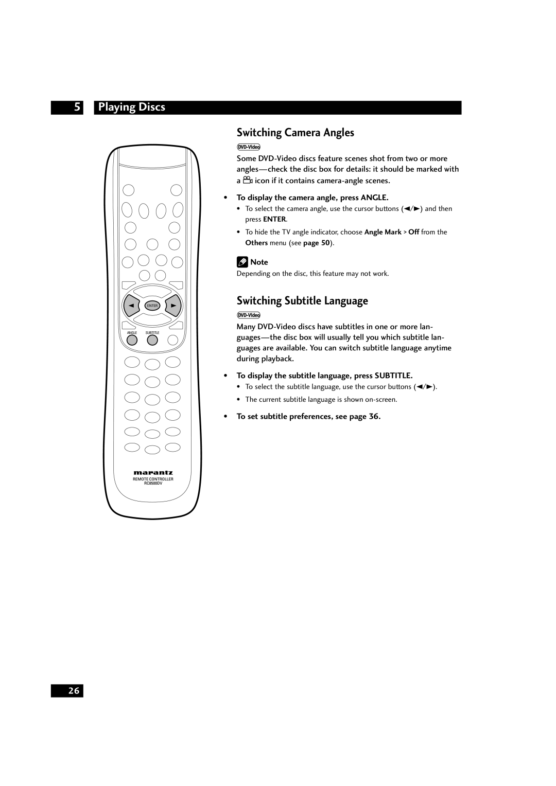 Marantz DV9500 manual Switching Camera Angles, Switching Subtitle Language, To display the camera angle, press Angle 