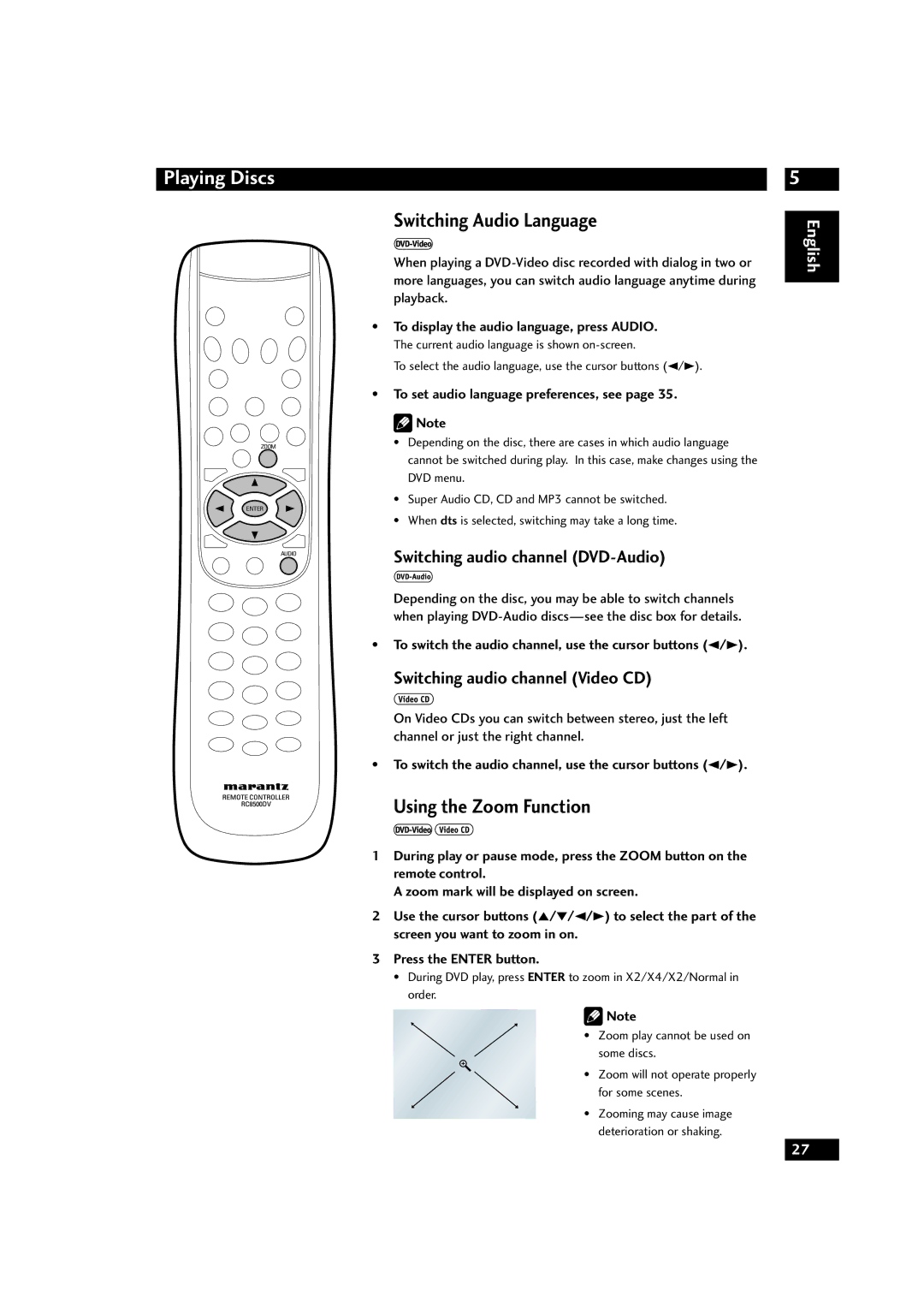 Marantz DV9500 manual Switching Audio Language, Using the Zoom Function, Switching audio channel DVD-Audio 