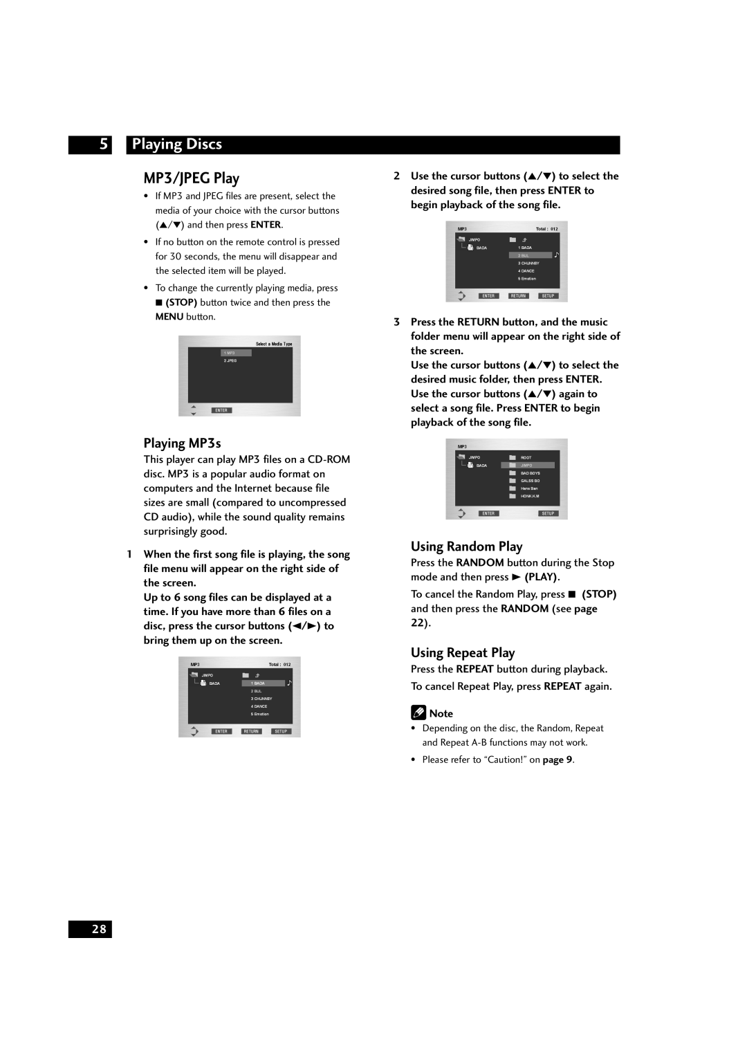 Marantz DV9500 manual MP3/JPEG Play, Playing MP3s, Using Random Play, Using Repeat Play, Please refer to Caution! on 