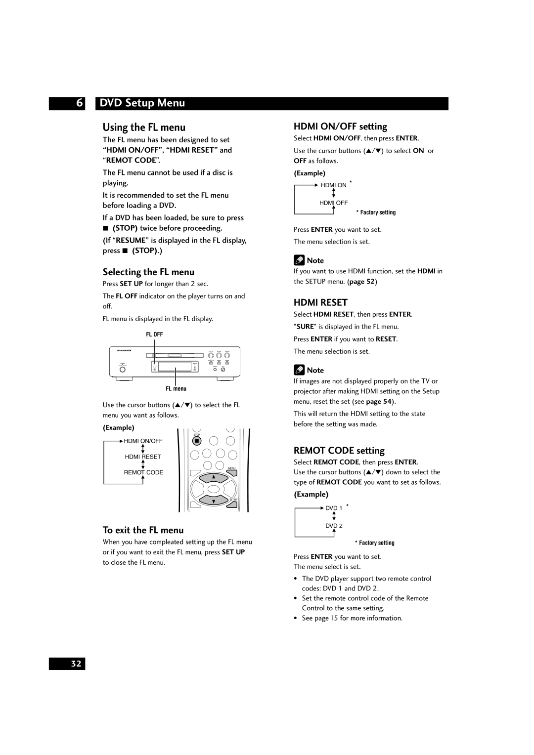 Marantz DV9500 manual DVD Setup Menu, Using the FL menu 