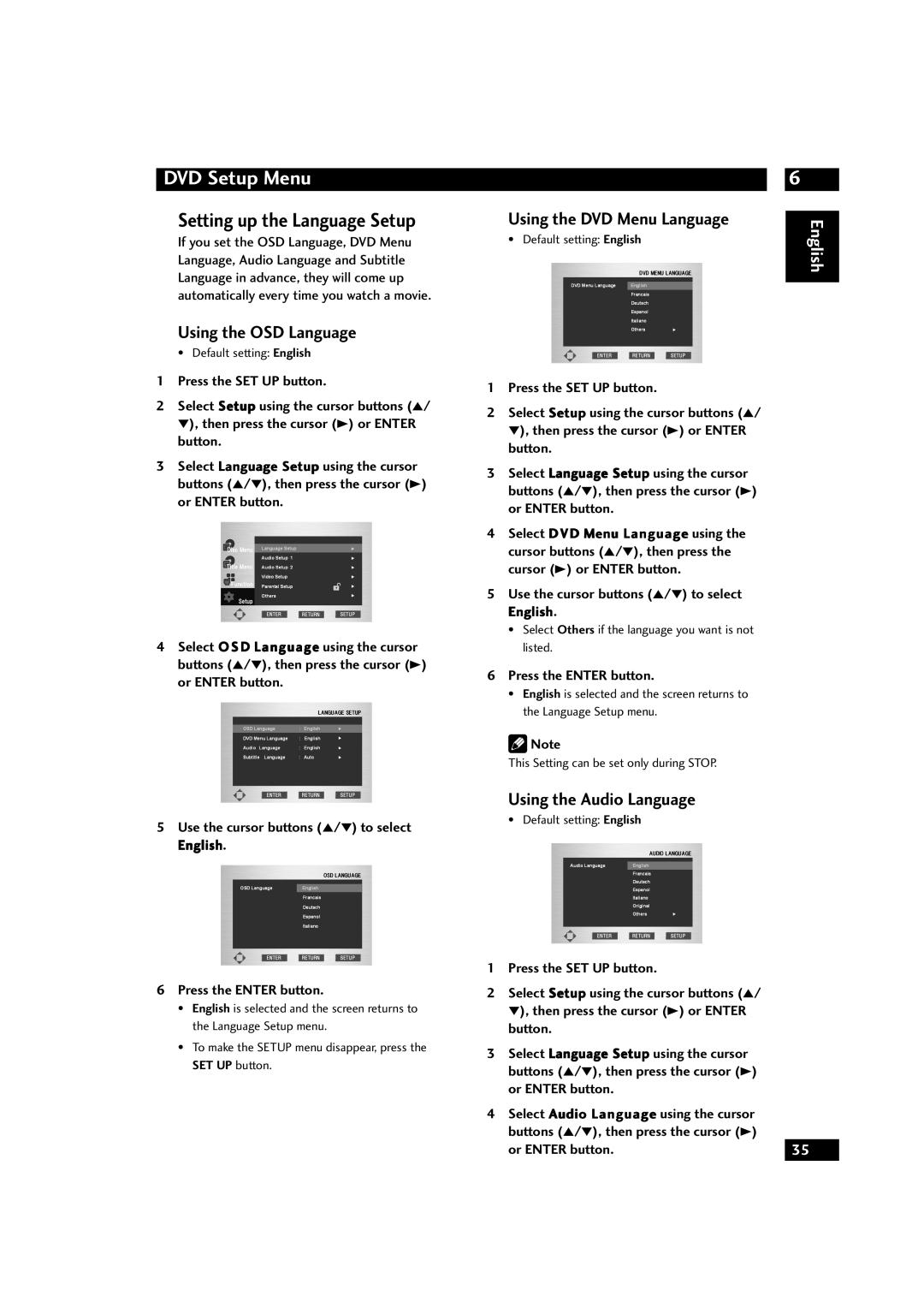 Marantz DV9500 manual Setting up the Language Setup, Using the OSD Language, Using the Audio Language, Or Enter button 