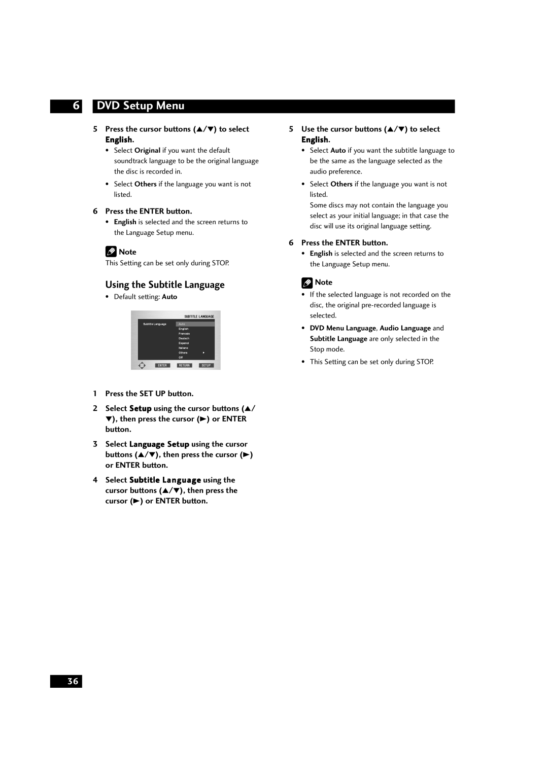 Marantz DV9500 manual Using the Subtitle Language, Press the cursor buttons 5/∞ to select English, Default setting Auto 